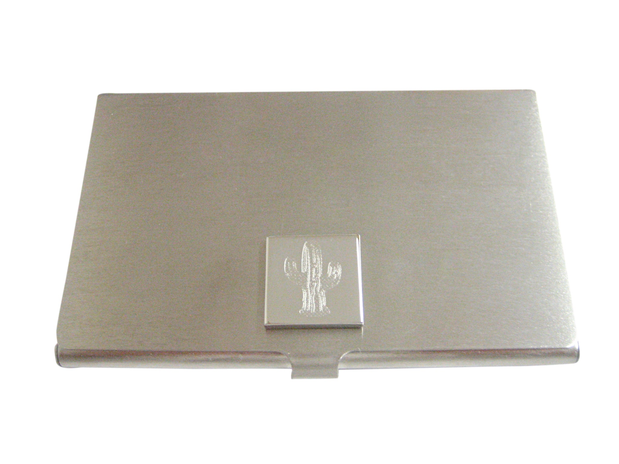 Silver Toned Etched Cactus Plant Business Card Holder