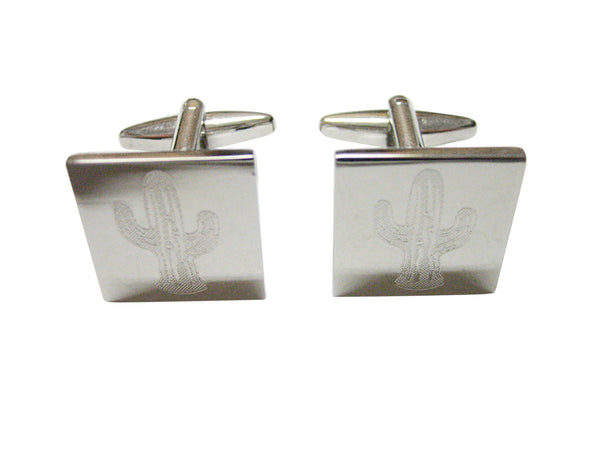 Silver Toned Etched Cactus Plant Cufflinks