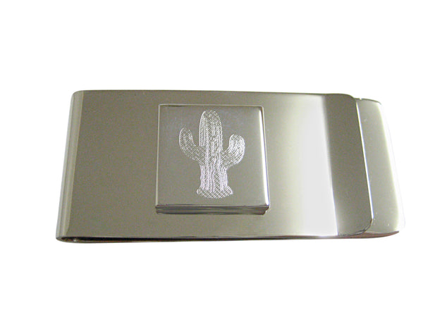 Silver Toned Etched Cactus Plant Money Clip