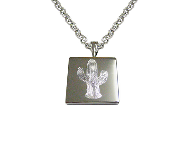 Silver Toned Etched Cactus Plant Pendant Necklace