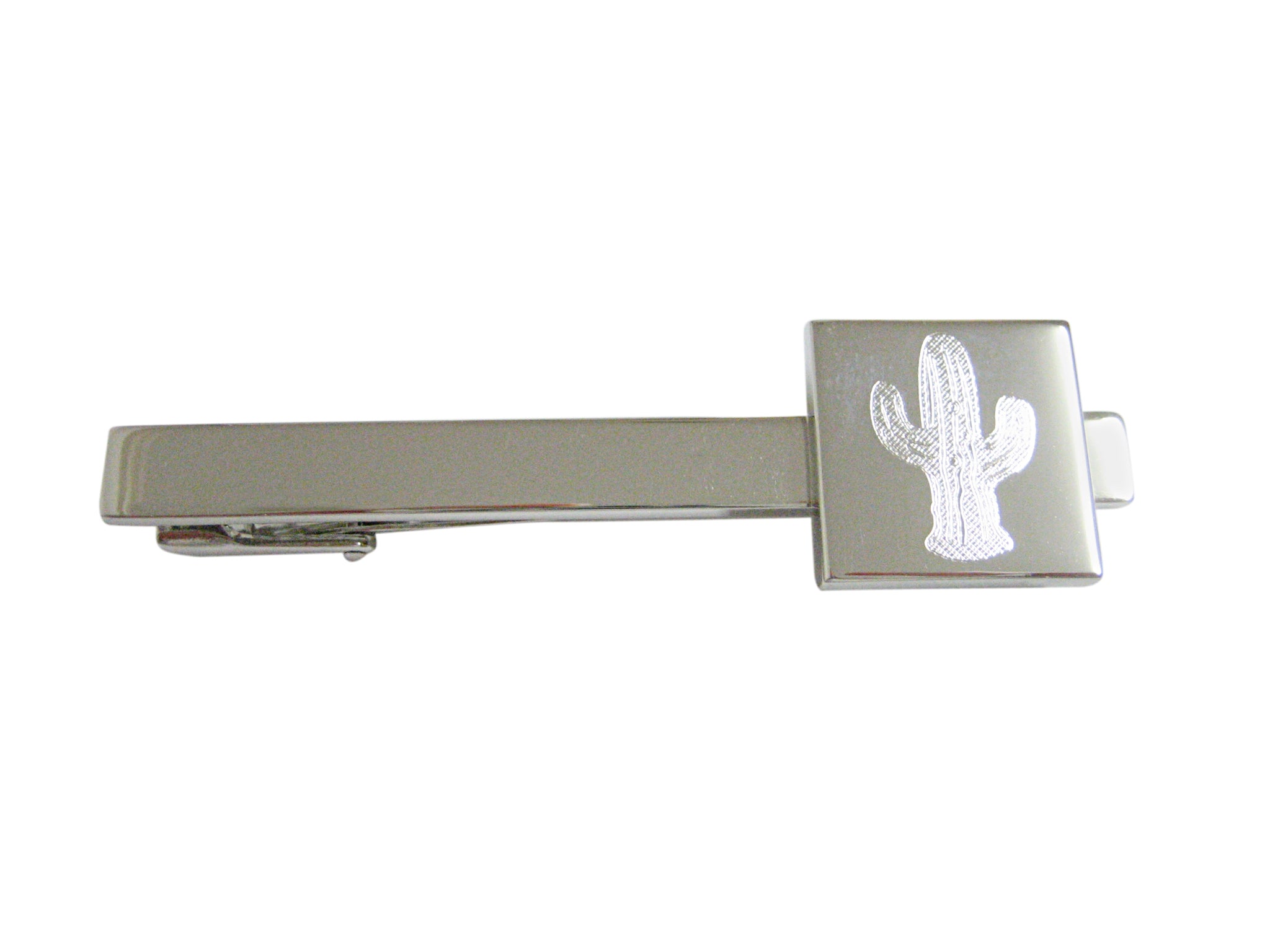 Silver Toned Etched Cactus Plant Square Tie Clip