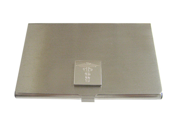 Silver Toned Etched Caduceus Medical Symbol Business Card Holder
