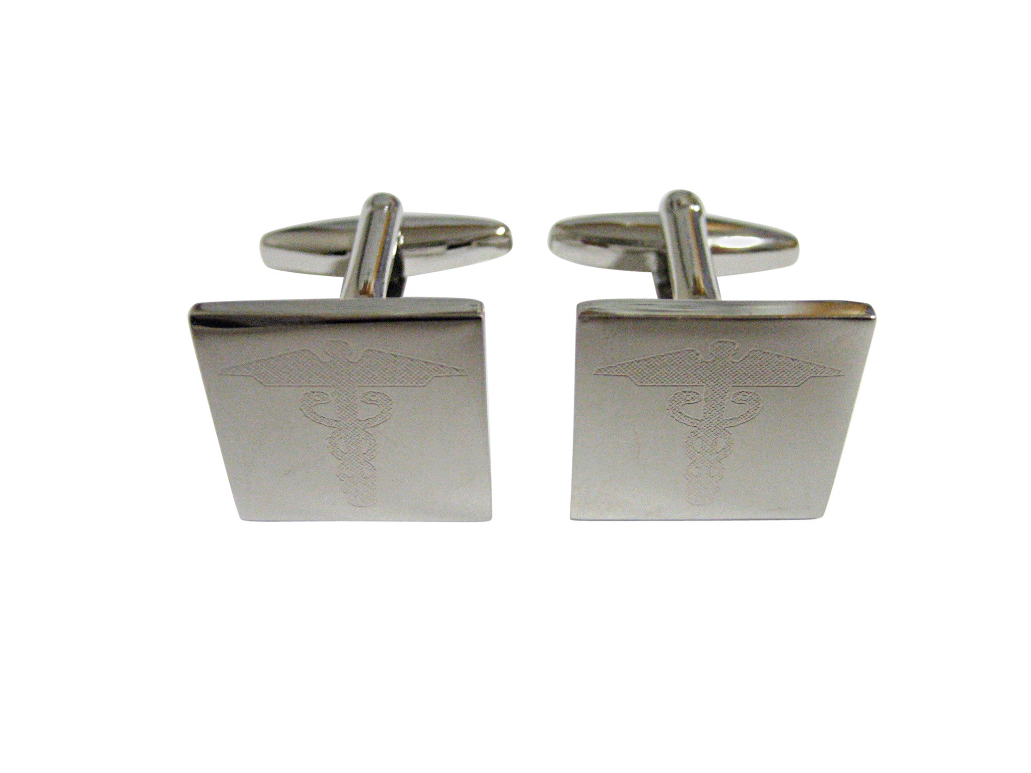 Silver Toned Etched Caduceus Medical Symbol Cufflinks