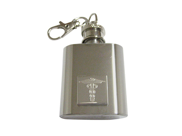 Silver Toned Etched Caduceus Medical Symbol 1 Oz. Stainless Steel Key Chain Flask