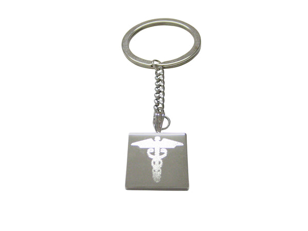 Silver Toned Etched Caduceus Medical Symbol Keychain