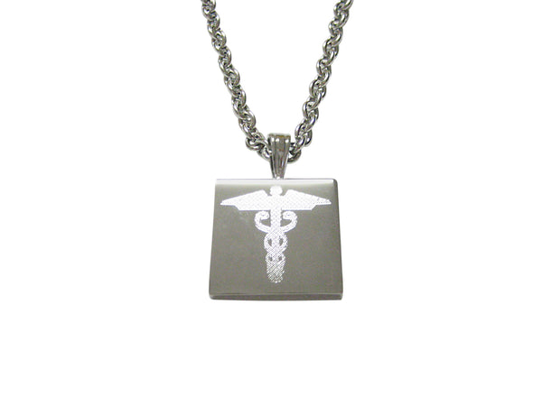 Silver Toned Etched Caduceus Medical Symbol Pendant Necklace