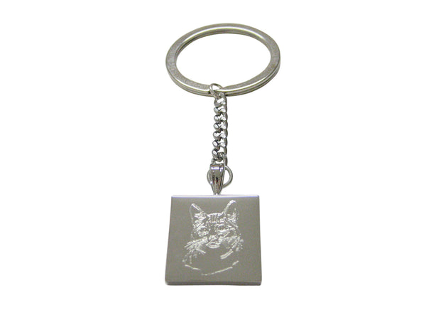 Silver Toned Etched Cat Head Keychain