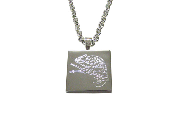 Silver Toned Etched Chameleon Pendant Necklace