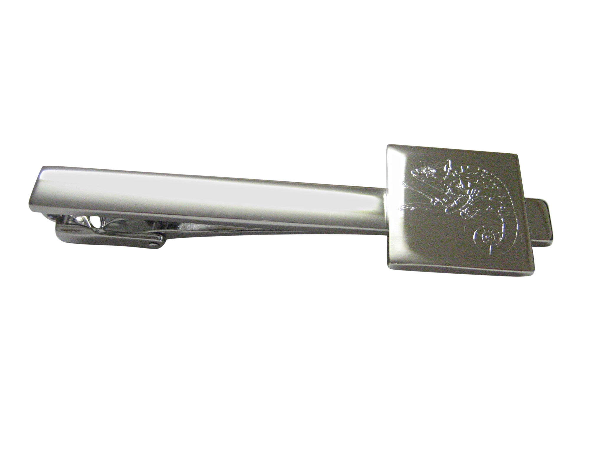 Silver Toned Etched Chameleon Square Tie Clip