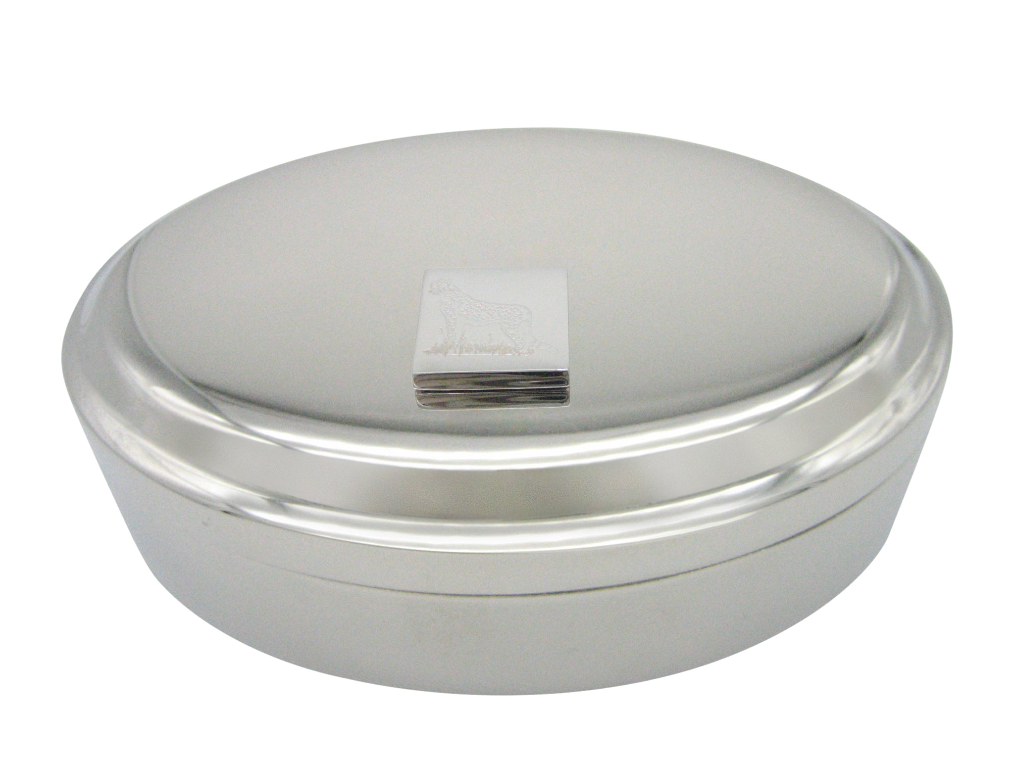 Silver Toned Etched Cheetah Pendant Oval Trinket Jewelry Box
