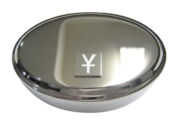Silver Toned Etched Chinese Yuan Currency Sign Oval Trinket Jewelry Box