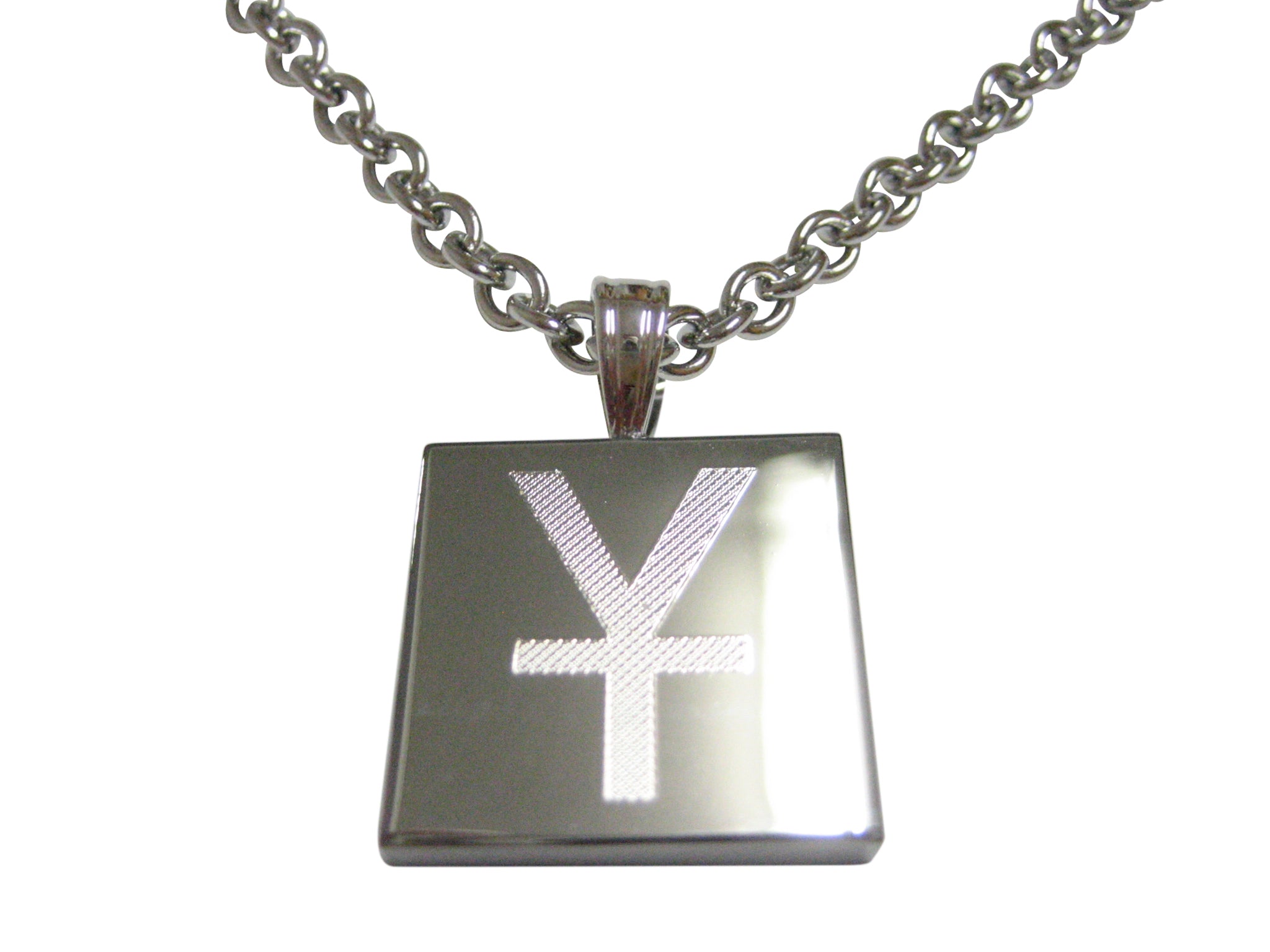 Silver Toned Etched Chinese Yuan Currency Sign Pendant Necklace