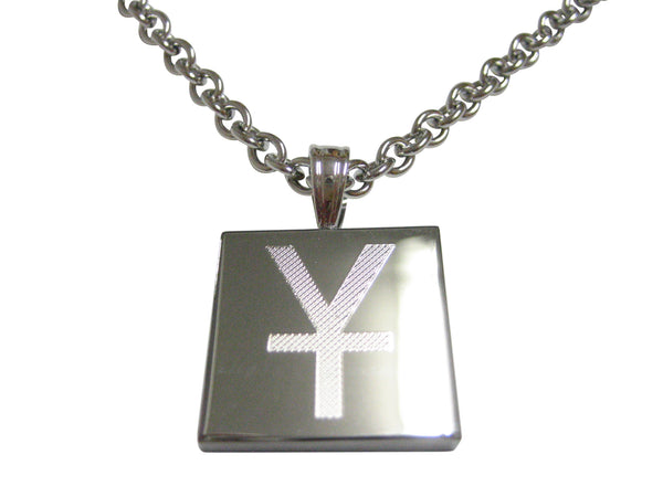 Silver Toned Etched Chinese Yuan Currency Sign Pendant Necklace