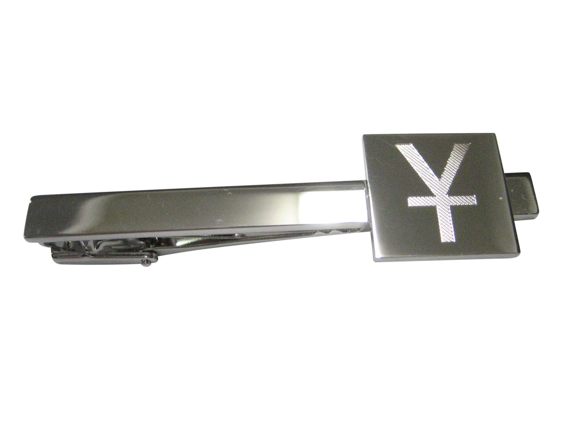 Silver Toned Etched Chinese Yuan Currency Sign Tie Clip
