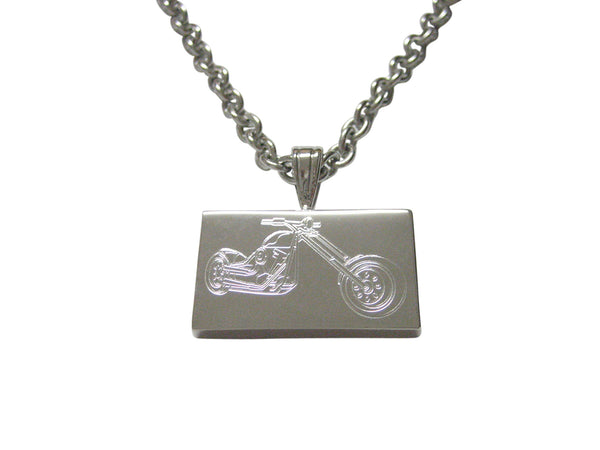 Silver Toned Etched Chopper Motorcycle Pendant Necklace