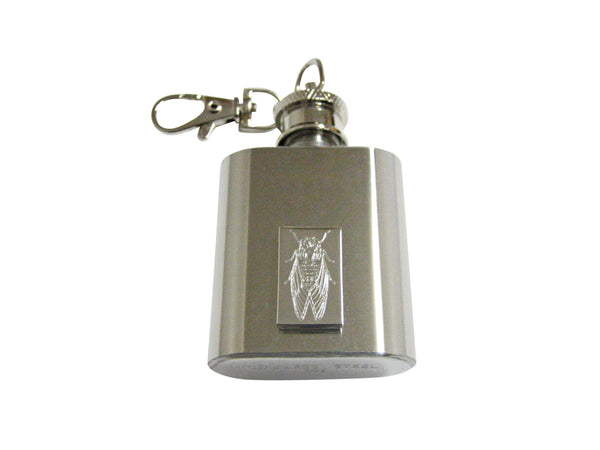 Silver Toned Etched Cicada Bug 1 Oz. Stainless Steel Key Chain Flask