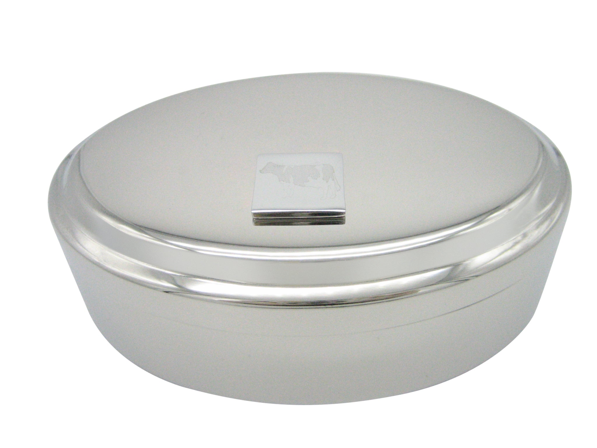 Silver Toned Etched Cow Pendant Oval Trinket Jewelry Box