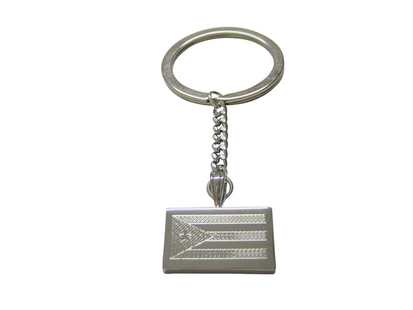Silver Toned Etched Cuba Flag Keychain