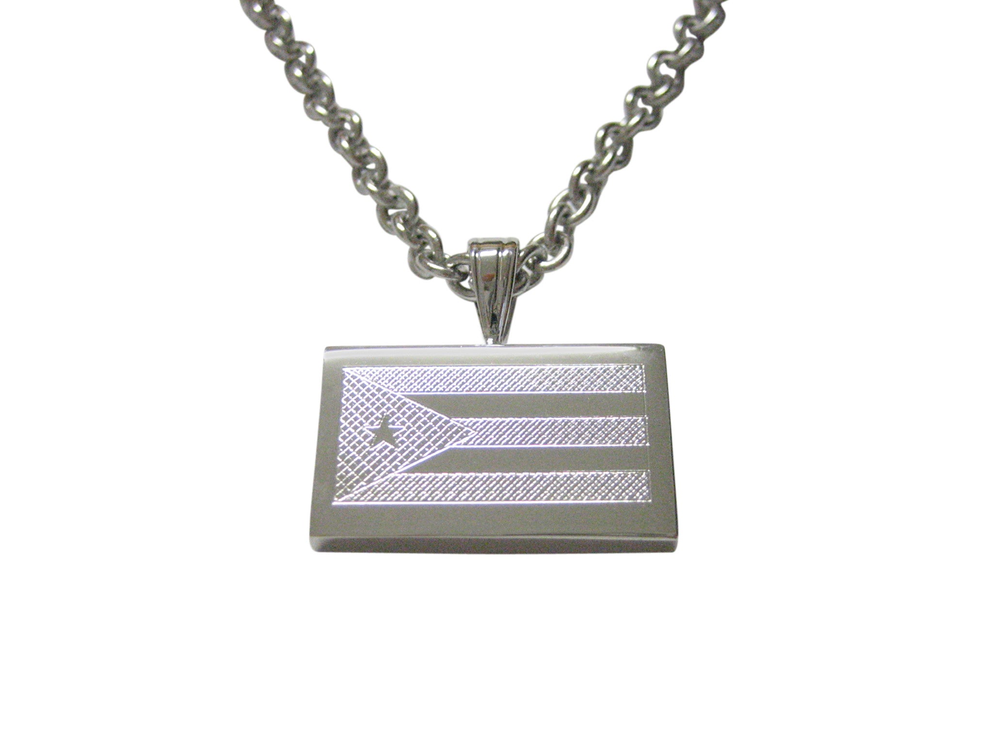 Silver Toned Etched Cuba Flag Pendant Necklace