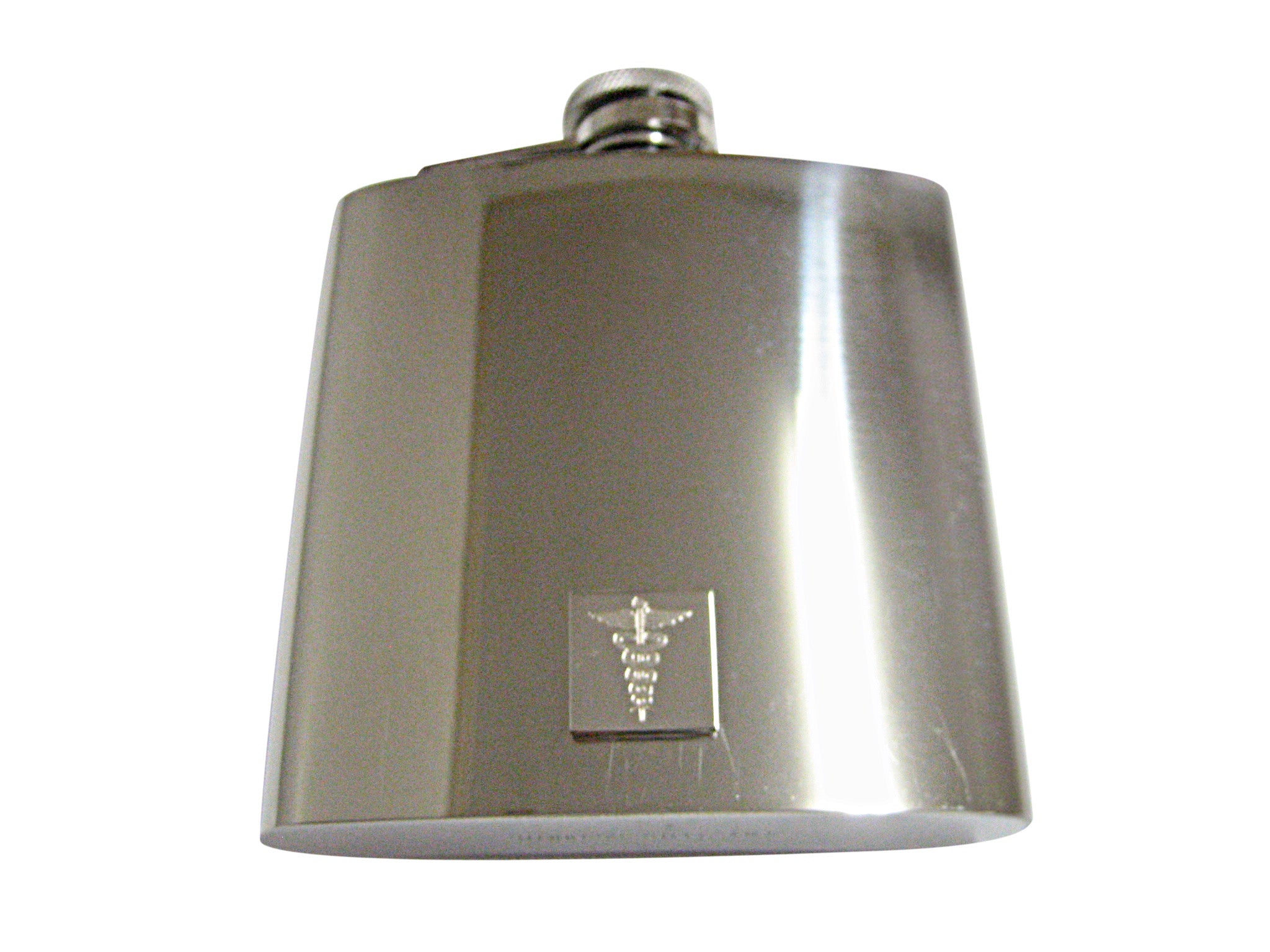 Silver Toned Etched Detailed Caduceus Medical Symbol 6 Oz. Stainless Steel Flask