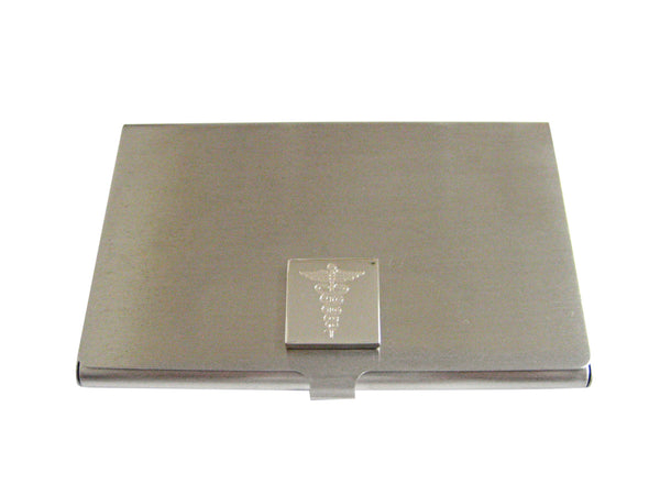 Silver Toned Etched Detailed Caduceus Medical Symbol Business Card Holder
