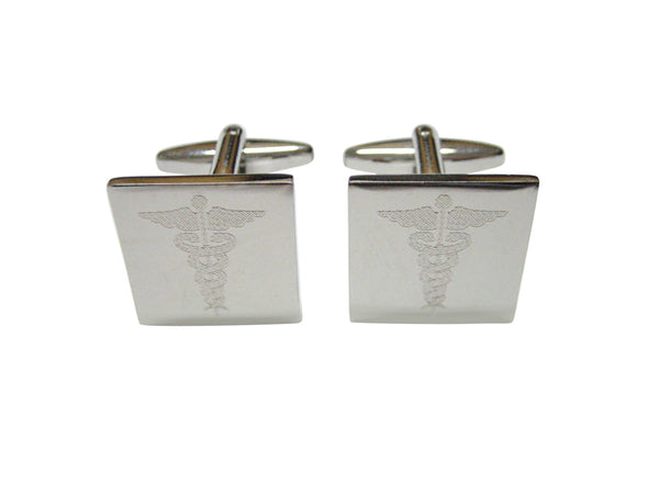 Silver Toned Etched Detailed Caduceus Medical Symbol Cufflinks