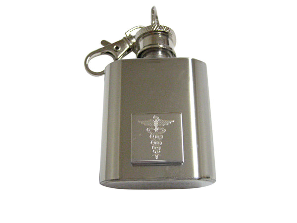 Silver Toned Etched Detailed Caduceus Medical Symbol 1 Oz. Stainless Steel Key Chain Flask