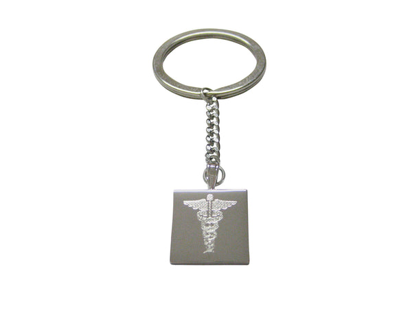 Silver Toned Etched Detailed Caduceus Medical Symbol Keychain
