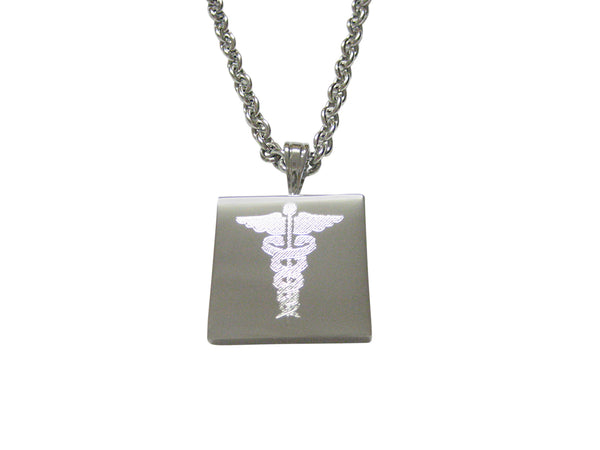 Silver Toned Etched Detailed Caduceus Medical Symbol Pendant Necklace