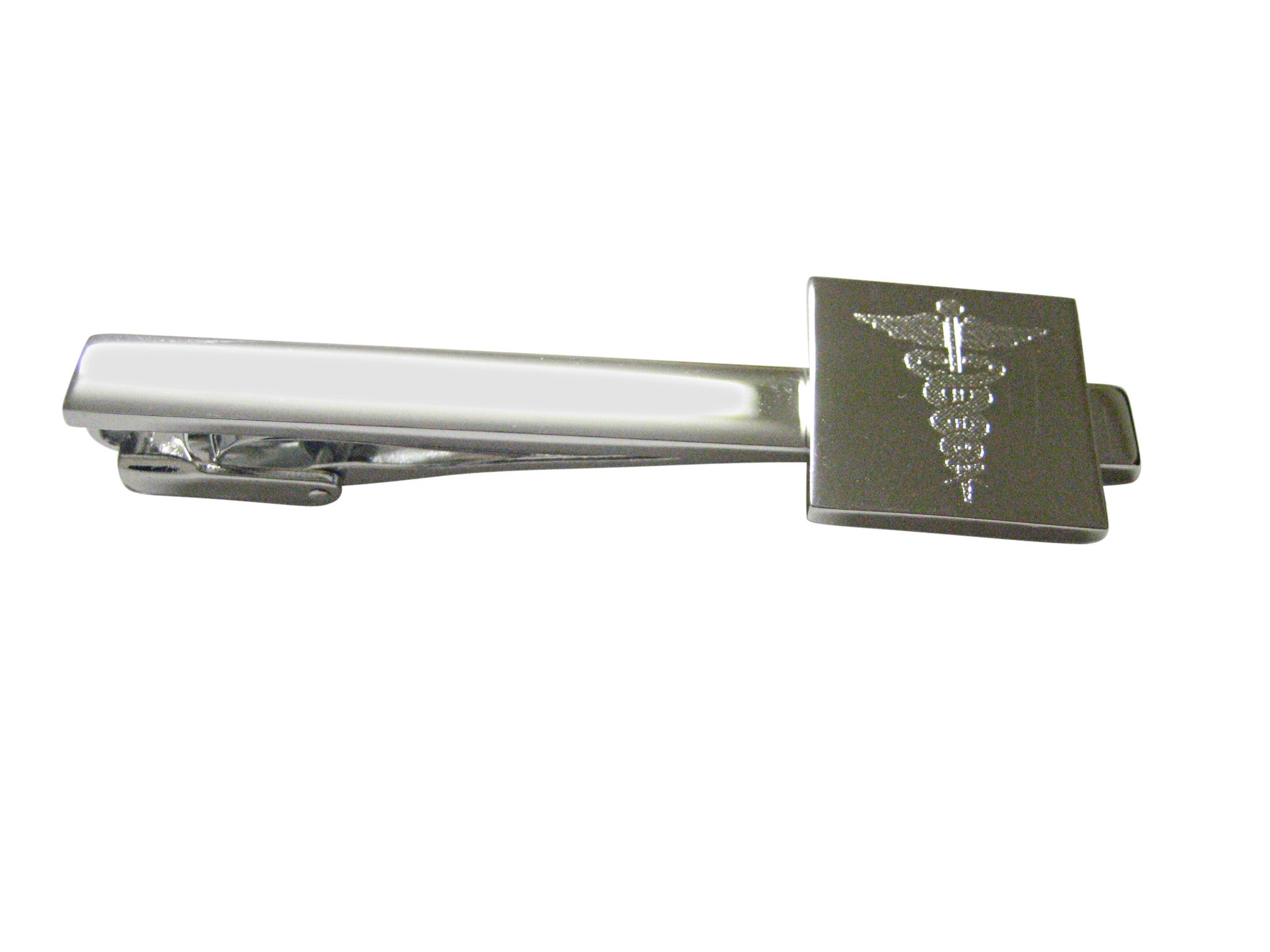 Silver Toned Etched Detailed Caduceus Medical Symbol Square Tie Clip