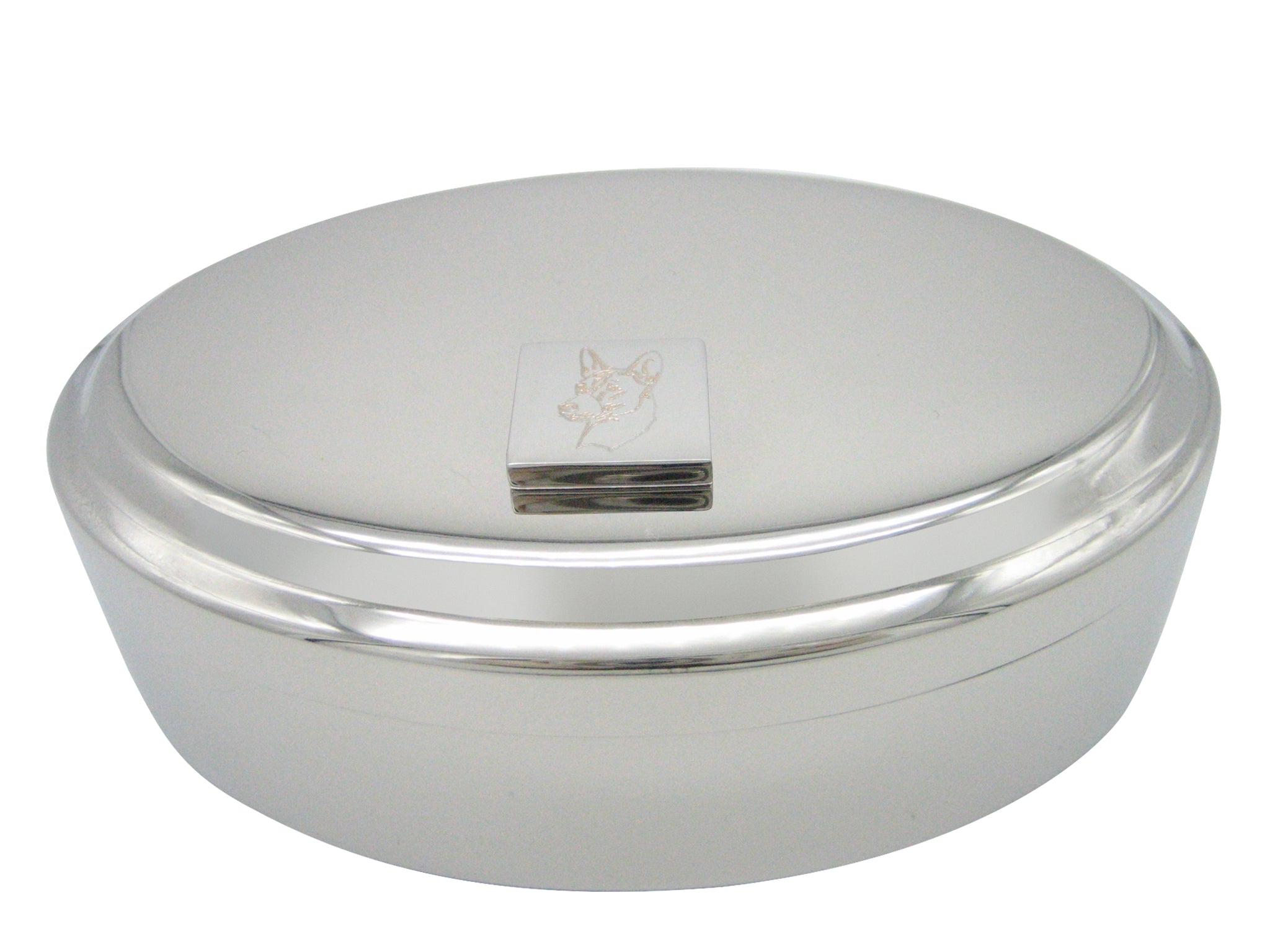 Silver Toned Etched Dog Head Pendant Oval Trinket Jewelry Box