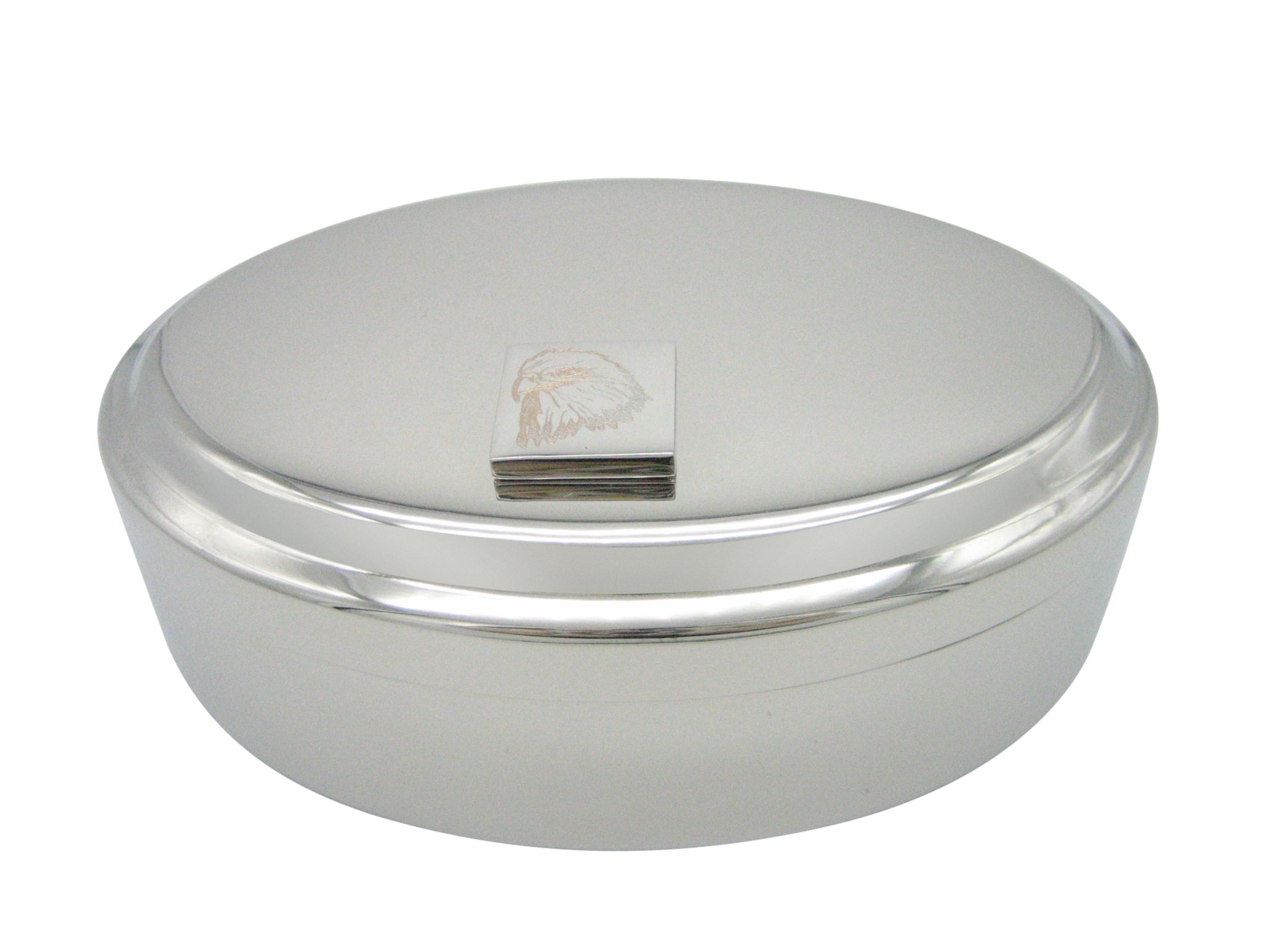 Silver Toned Etched Eagle Bird Head Pendant Oval Trinket Jewelry Box