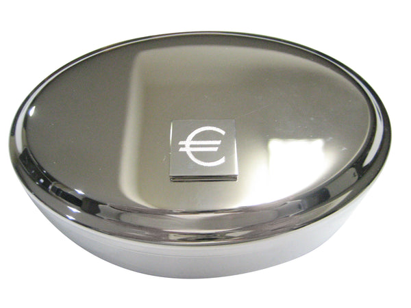 Silver Toned Etched Oval Euro Currency Sign Oval Trinket Jewelry Box