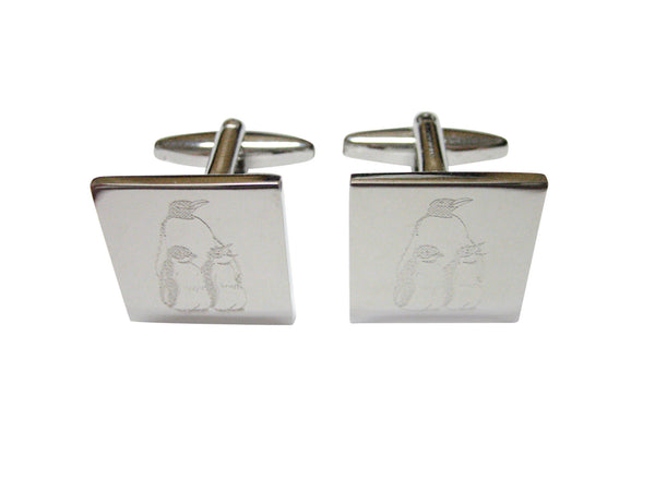 Silver Toned Etched Family of Penguin Birds Cufflinks