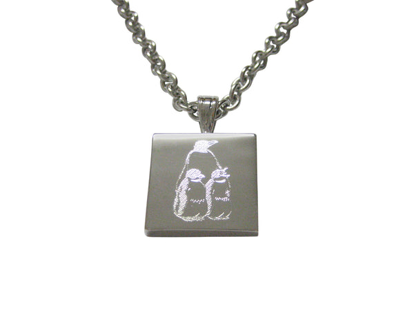 Silver Toned Etched Family of Penguin Birds Pendant Necklace