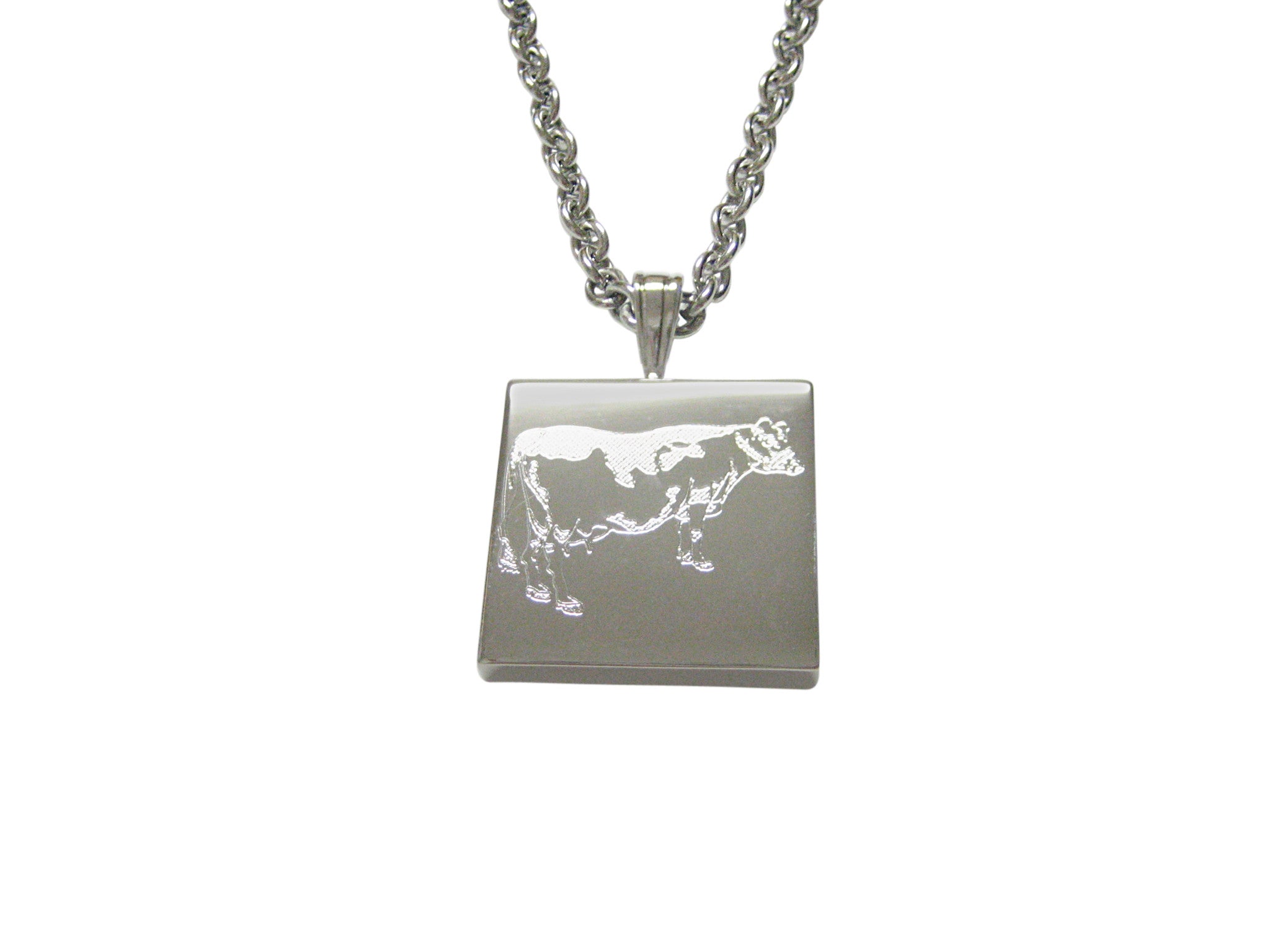 Silver Toned Etched Farm Cow Pendant Necklace