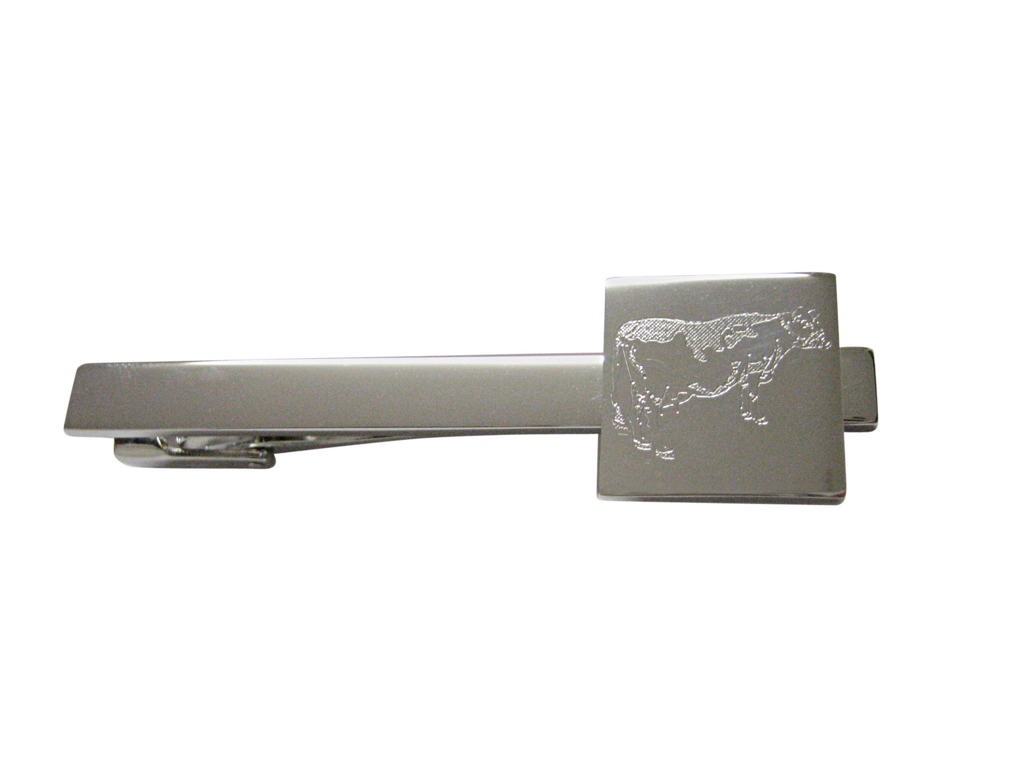 Silver Toned Etched Farm Cow Square Tie Clip