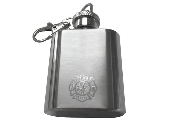 Silver Toned Etched Fire Fighter Emblem 1 Oz. Stainless Steel Key Chain Flask