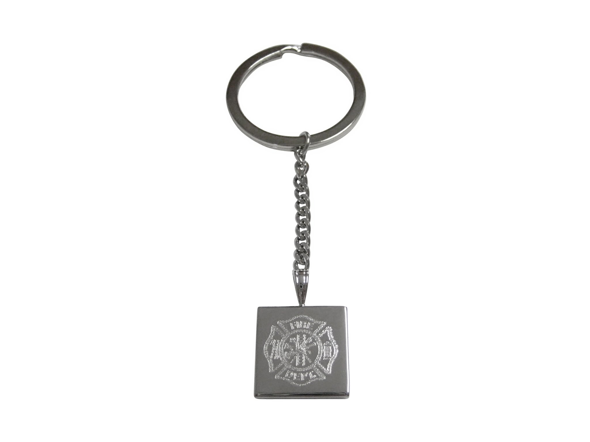 Silver Toned Etched Fire Fighter Emblem Pendant Keychain