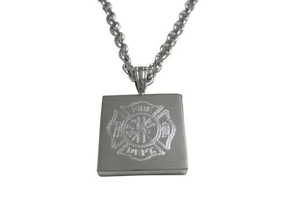 Silver Toned Etched Fire Fighter Emblem Pendant Necklace