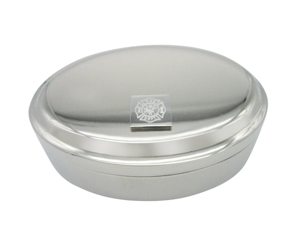 Silver Toned Etched Fire Fighter Emblem Pendant Pendant Oval Trinket Jewelry Box