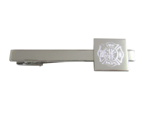 Silver Toned Etched Fire Fighter Emblem Square Tie Clip