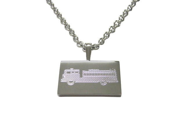 Silver Toned Etched Fire Truck Pendant Necklace