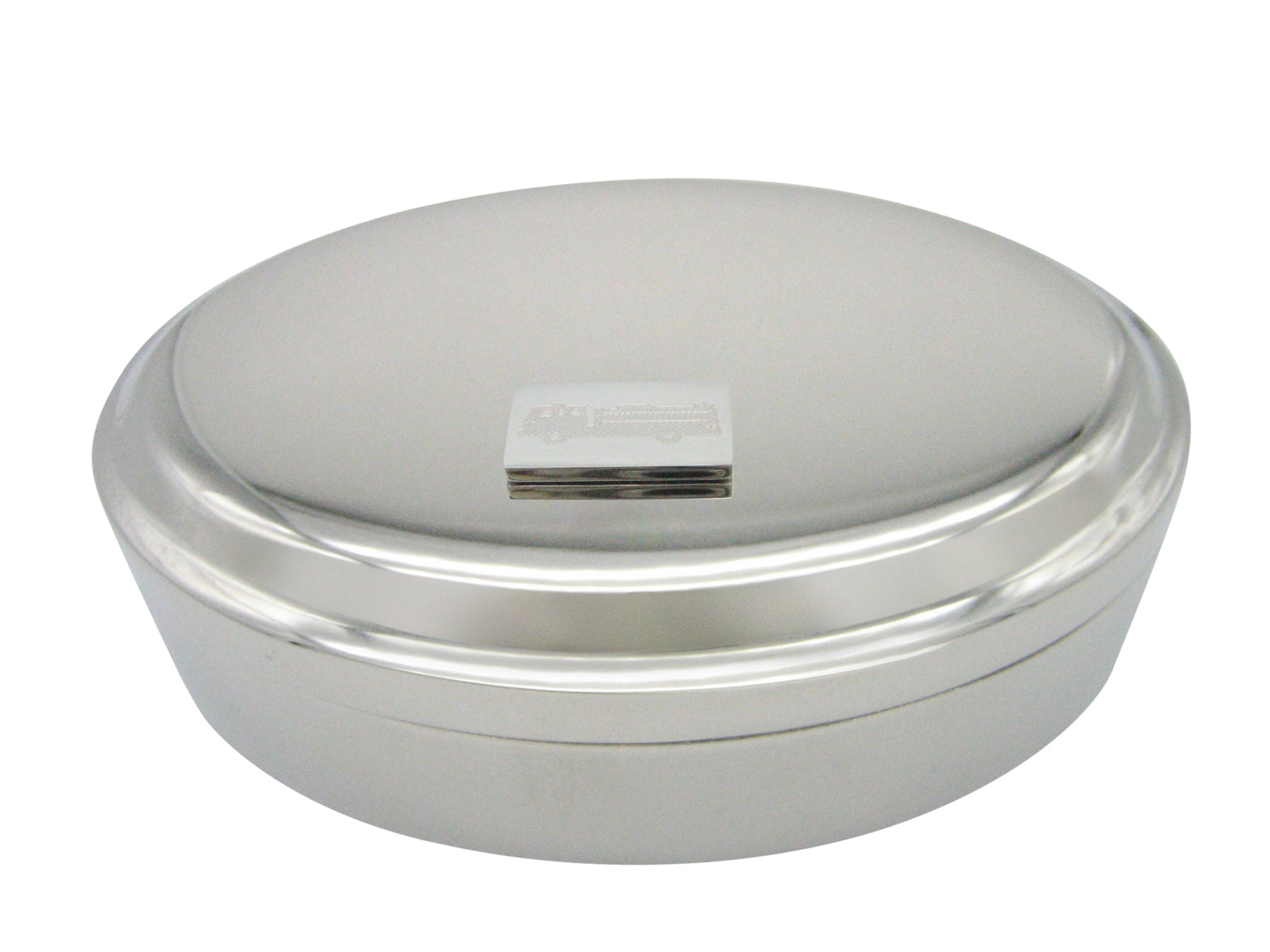 Silver Toned Etched Fire Truck Pendant Oval Trinket Jewelry Box