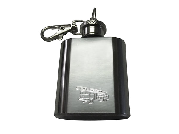 Silver Toned Etched Fire Truck With Ladder 1 Oz. Stainless Steel Key Chain Flask