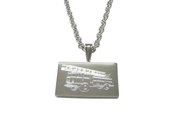 Silver Toned Etched Fire Truck With Ladder Pendant Necklace