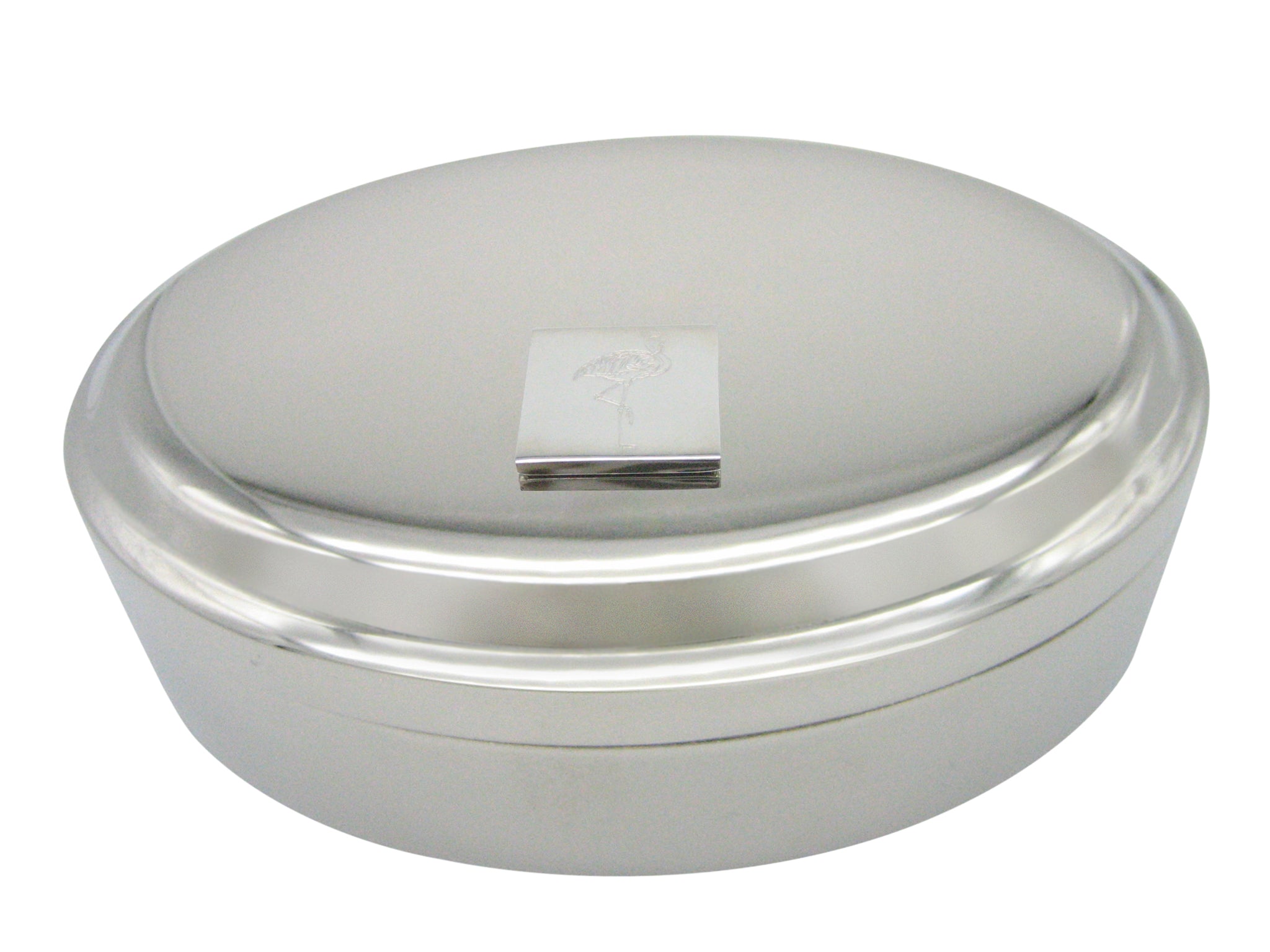 Silver Toned Etched Flamingo Bird Pendant Oval Trinket Jewelry Box