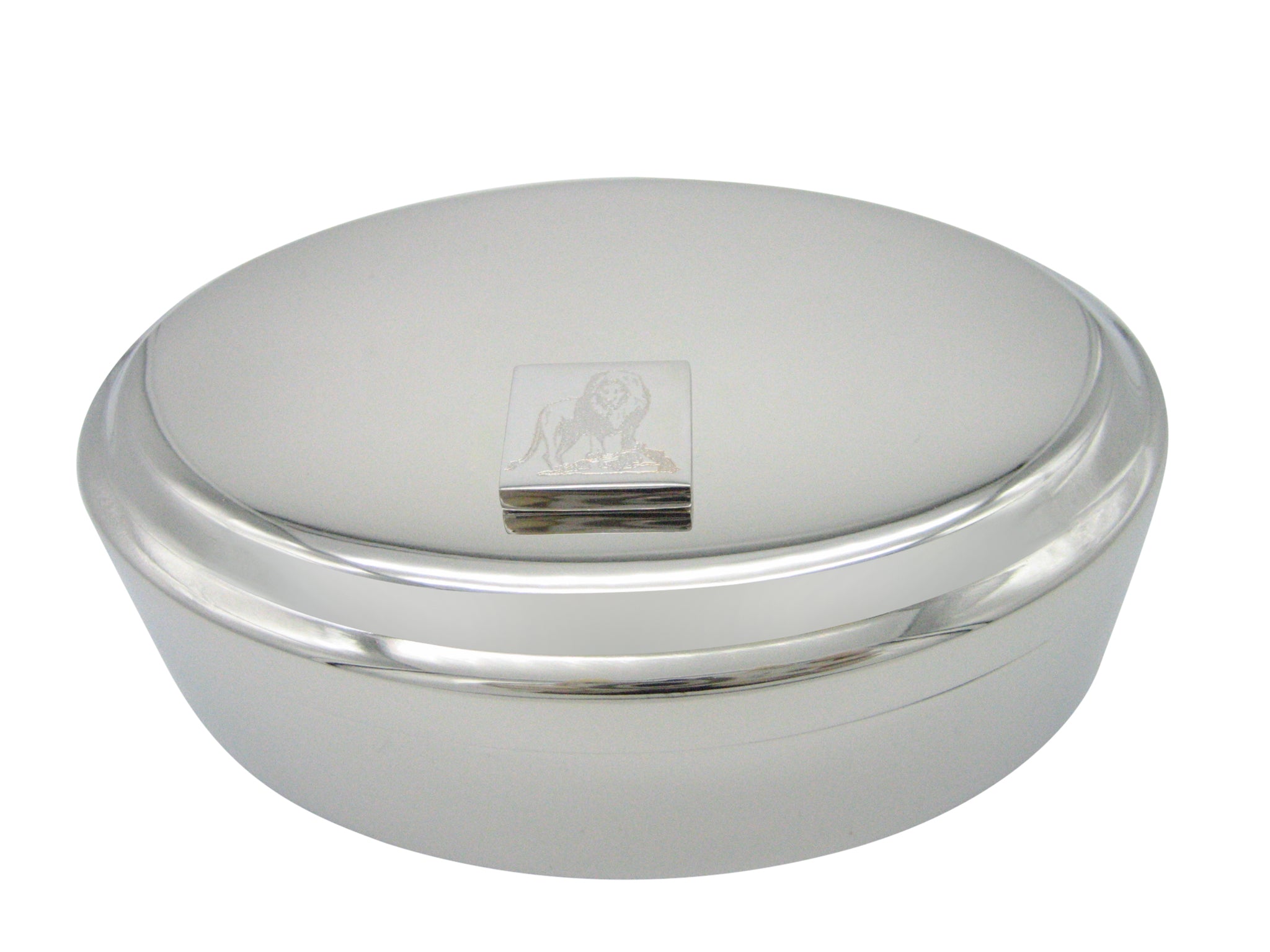 Silver Toned Etched Full Lion Pendant Oval Trinket Jewelry Box