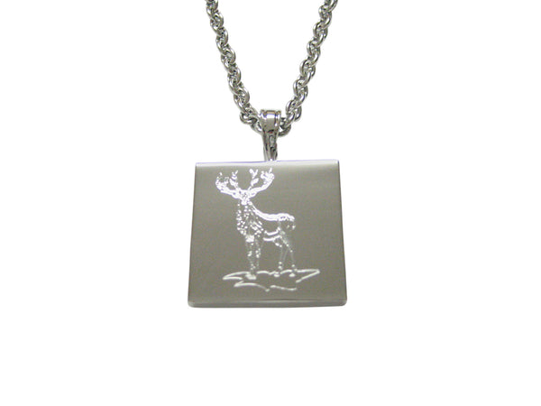 Silver Toned Etched Full Stag Deer Pendant Necklace
