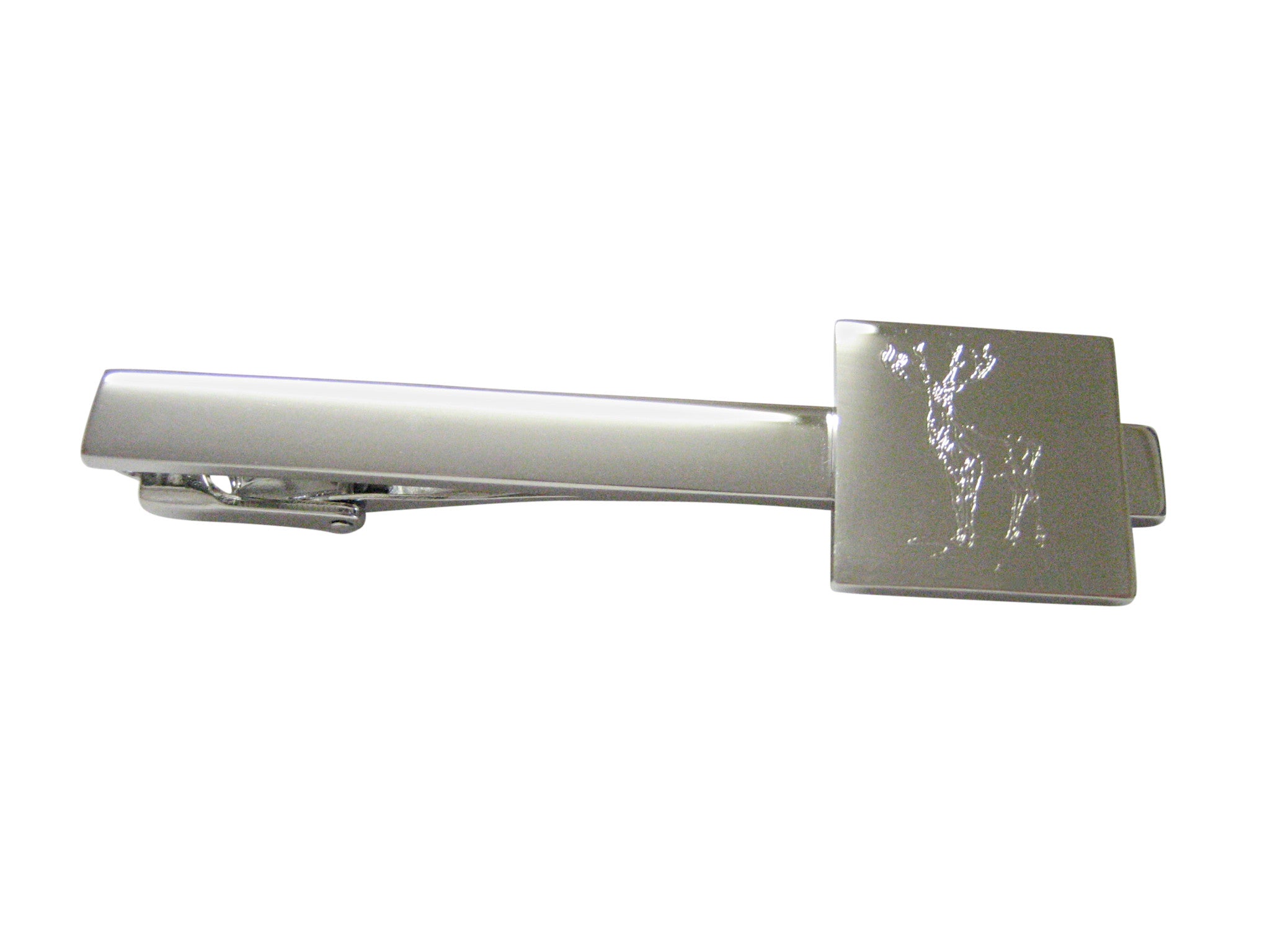 Silver Toned Etched Full Stag Deer Square Tie Clip